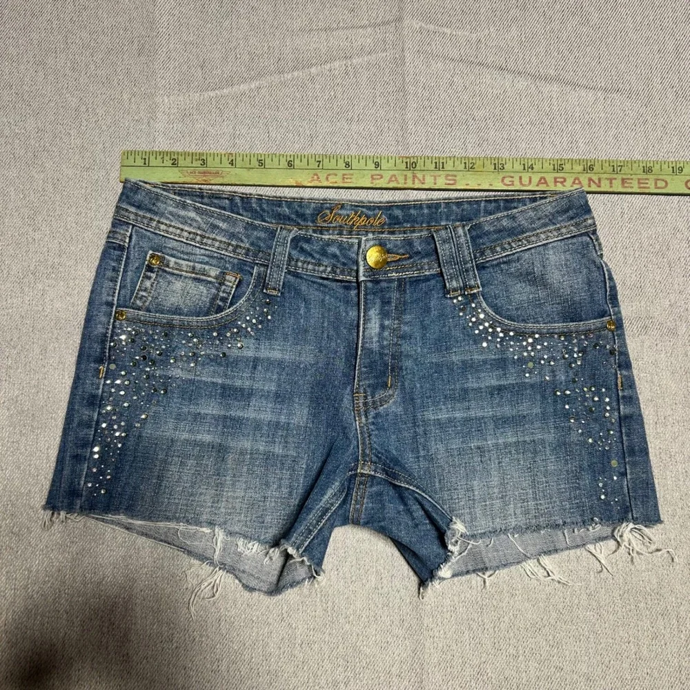 Southpole Womens‎ Rhinestone Embellished Denim Shorts Size 7 Blue Cut Off Y2K